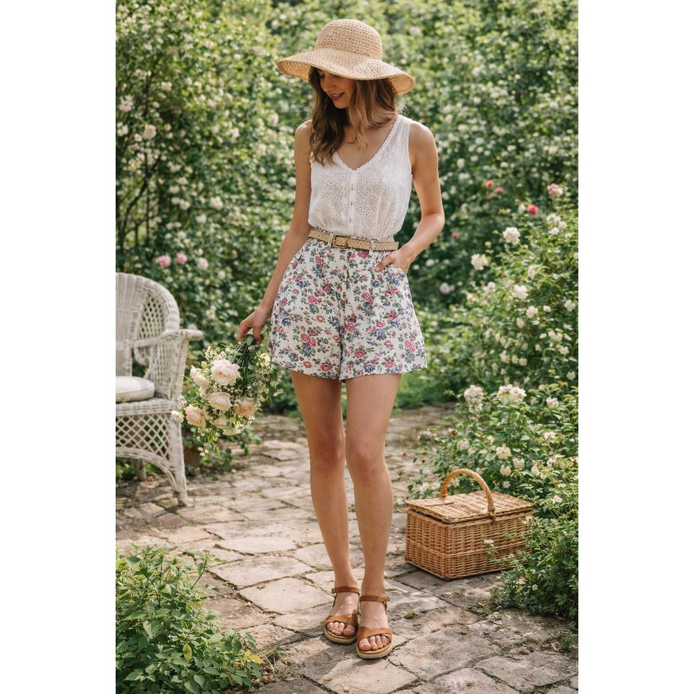 Capacity Vintage Floral Flowy Shorts Womens Large Cotton High Waist Pink Blue L